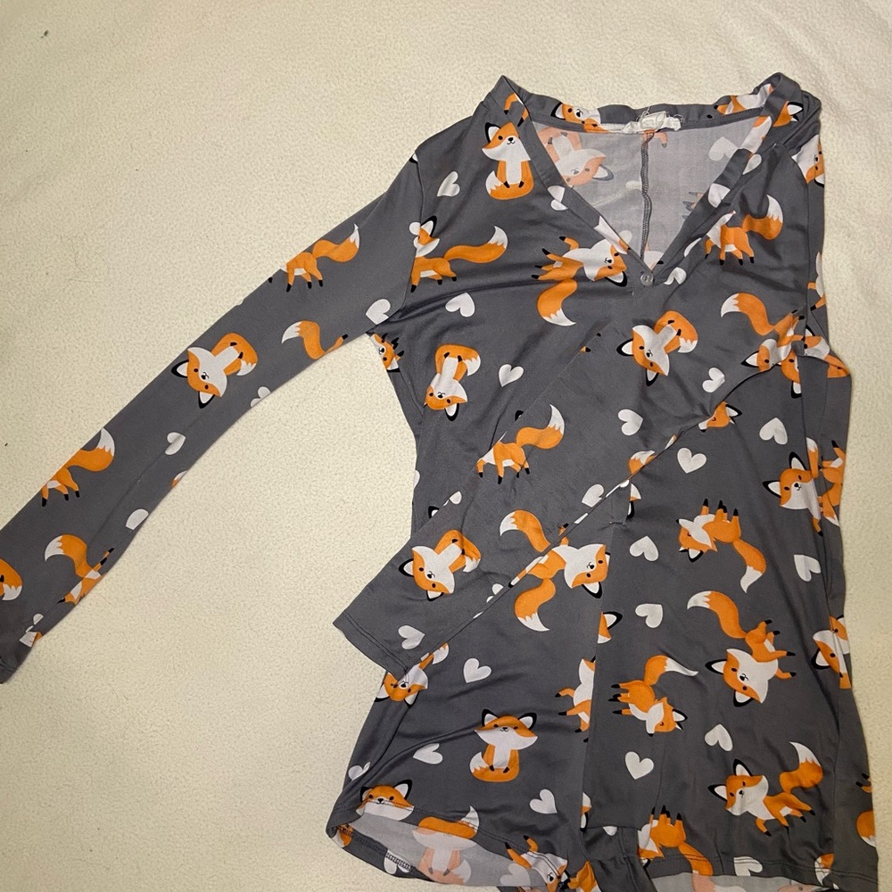 Cute Gray Fox Print Pajama Onesie